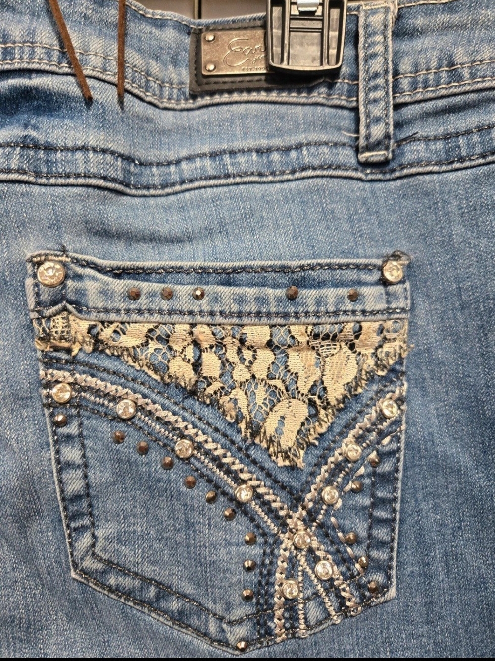 Earl Jeans Light Blue Boot Cut Jeans with Lace & Stud Accent